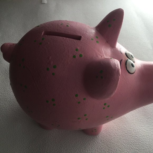 Big ceramic piggy bank figurine decoration pink with green dots - Picture 4 of 6